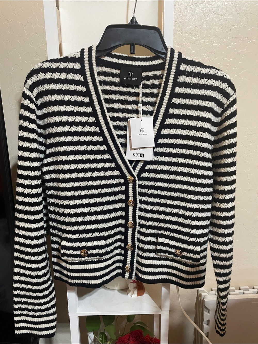 Anine Bing Gwen Black & White Striped Knit Cardigan
